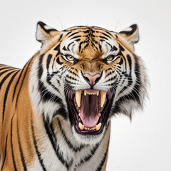 Fototapeta premium Tiger's Roar: A captivating, close-up portrait of a majestic tiger, showcasing its fierce, open-mouthed roar, revealing sharp fangs, and intense eyes, embodying the raw power of the wild.