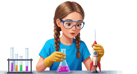 Young girl with safety glasses conducting a science experiment with test tubes flask and a rocket model
