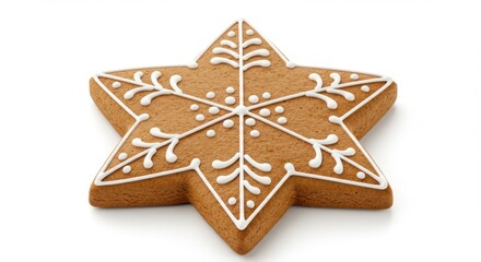 A single star shaped gingerbread cookie decorated with white icing on a white background