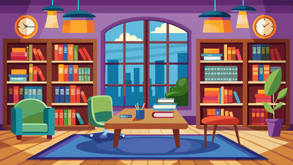 Vector art of a sophisticated library interior showcases two plush armchairs a central table extensive bookshelves and a grand arched window with a city view
