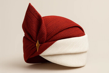 A Bugis traditional headwrap (destar) with red and white fabric, folded in traditional Sulawesi style, featuring intricate woven textures and minimalist golden pin created for Indonesian Independence
