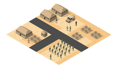 Military base in desert with soldiers training and supplies isometric view