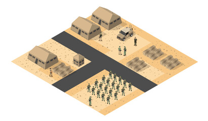 Military base in desert with soldiers training and supplies isometric view