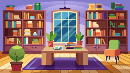 Vector art of a cozy and inviting library interior featuring tall bookshelves filled with books a central wooden table with reading material and a large window