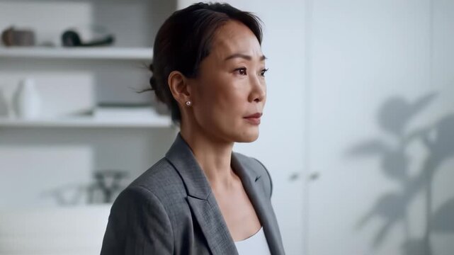 Asian female project manager looking focused in office, concept for business presentation, corporate strategy and professional consulting