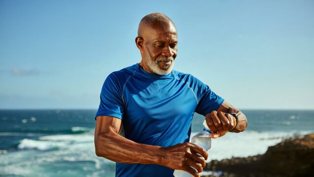 Mature Man Hydrating During Coastal Run - Healthy Lifestyle and Fitness