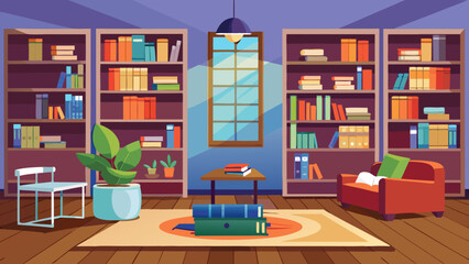 Vector art of a bright and inviting library room with tall bookshelves a comfortable sofa a small chair and a table with books near a window