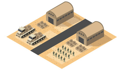 Military logistics operation with soldiers, trucks and warehouses in desert environment