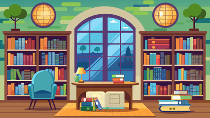 Vector art of an elegant library interior with floortoceiling bookshelves a central desk with a lamp and books a plush armchair and a large arched window overlooking