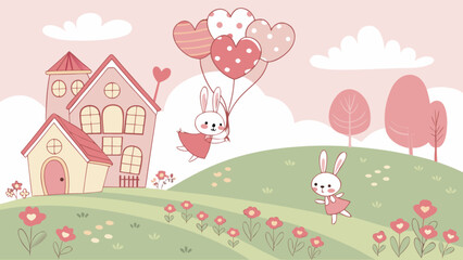 Naklejka premium Whimsical bunny adventure soaring through a dreamlike landscape with heart balloons, perfect for children's illustrations, greeting cards, and delightful springtime projects