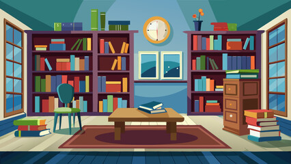 Vector art of a welllit library setting with extensive bookshelves a central table with books a single chair and two framed pictures on the wall creating a scholarly