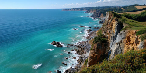 Obraz premium Sunlit coastal cliff with turquoise sea and rocky shore under blue sky with clouds, creating peaceful and vibrant landscape