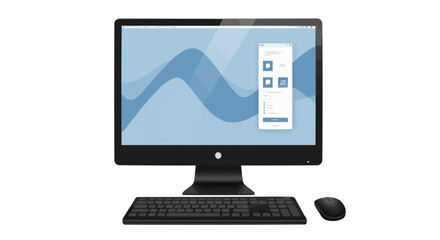 Desktop computer with blue wavy background and application window on the screen is displayed