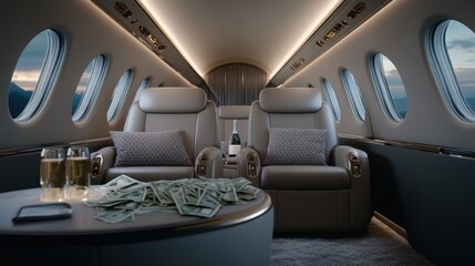 Luxury private jet interior with champagne and currency on table
