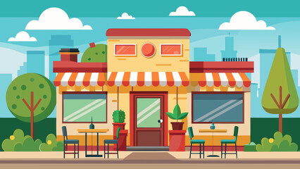 Vector art of a stylized flat illustration of a vibrant cafe with outdoor seating and trees against a backdrop of city buildings