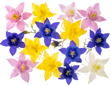 Top-Down Flat Lay of Multicolored Columbine Blossoms – Artistic Floral PNG Composition