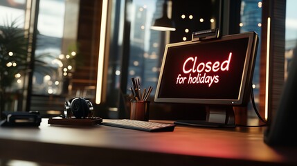 Closed for holidays office message on computer screen business holiday vacation time off message concept silhouette