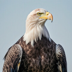  Majestic Eagle Portrait: A close-up portrayal of a regal bald eagle, showcasing its keen eyes, powerful beak, and distinctive white head feathers against a serene blue backdrop.