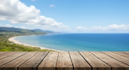 Fototapeta premium A wooden table overlooks a beautiful sea and beach landscape on a sunny summer day