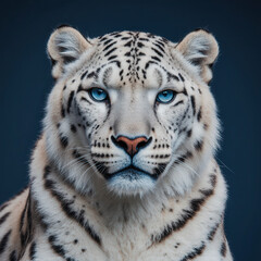 Obraz premium Snow Leopard Gaze: A captivating snow leopard with piercing blue eyes gazes directly at the viewer, showcasing its unique patterned fur in stunning detail.