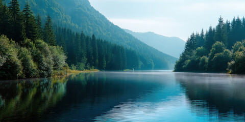 Tranquil mountain lake surrounded by dense evergreen forest under pale blue sky with mist over calm water