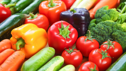 Variety of vegetables including tomatoes, peppers, broccoli