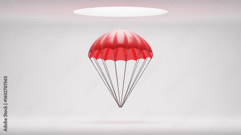 Fototapete a 3d rendering of a bright red parachute floating against a pure white background.