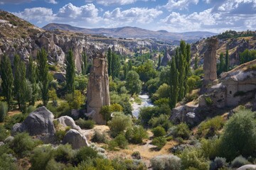 Obraz premium A valley of sculpted rock formations, lush greenery, and a flowing river