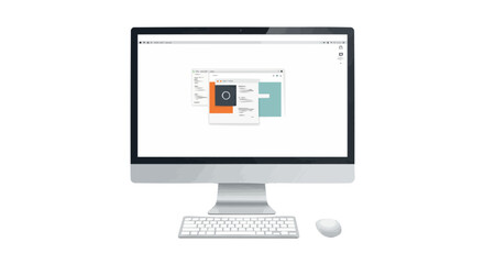 Computer screen displaying multiple windows with a keyboard and mouse on a white surface