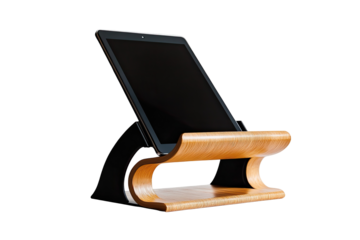 Tablet on a curved wooden stand.  Dark background