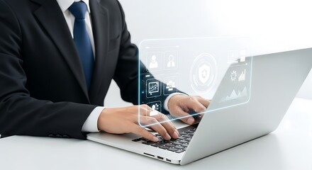 Business professional typing on laptop with digital interface showing security and data analysis symbols isolated on white background concept of digital security and cybersecurity protection