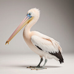Elegant Pelican Portrait: A majestic pelican stands gracefully, its long beak and plumage highlighted against a soft backdrop. A true testament to avian beauty.