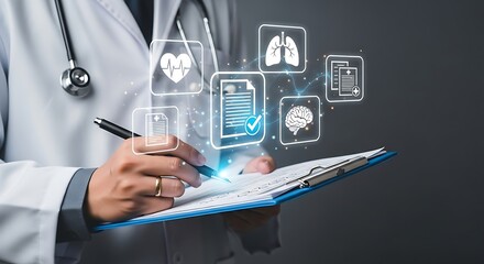 Doctor carefully reviewing patient medical records and health icons representing heart lungs and brain with digital technology overlay symbolizing advanced healthcare and diagnostic precision