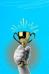Trendy halftone collage with hand holding trophy symbolizing achievement, victory, success. Free space for text or advertising. Vertical vector illustration