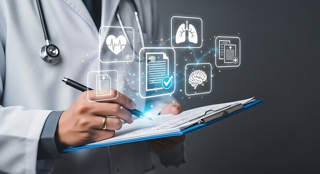 Doctor carefully reviewing patient medical records and health icons representing heart lungs and brain with digital technology overlay symbolizing advanced healthcare and diagnostic precision
