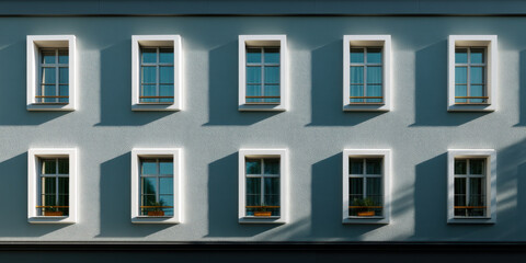 Fototapeta premium Modern building facade with symmetrical window alignment casting soft shadows on smooth wall surface in daylight