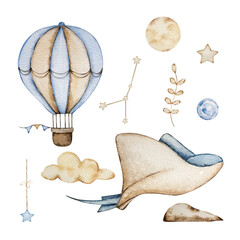 Watercolor Stingray and Air Balloon set, dreamy design for decorating banners, invitations and cards