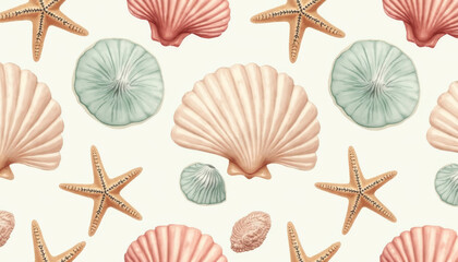 Seamless Pattern of Shells and Starfish, Beach Decor, Coastal Vibes, Illustration, Light Background