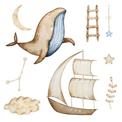 Watercolor Whale and Boat set, dreamy design for decorating banners, invitations and cards