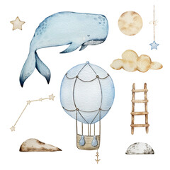 Watercolor Whale and Balloon set, dreamy design for decorating banners, invitations and cards.