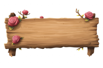 Rustic wooden board with pink roses and branches isolated on transparent background