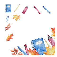 Border from watercolor school supplies, copy space.