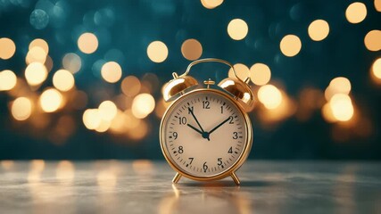Golden vintage alarm clock resting on wooden surface, casting soft bokeh glow and creating contemplative mood of quiet anticipation and mindful reflection - Powered by Adobe