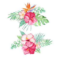 Bouquet of tropical flowers and leaves in watercolor style for summer designs