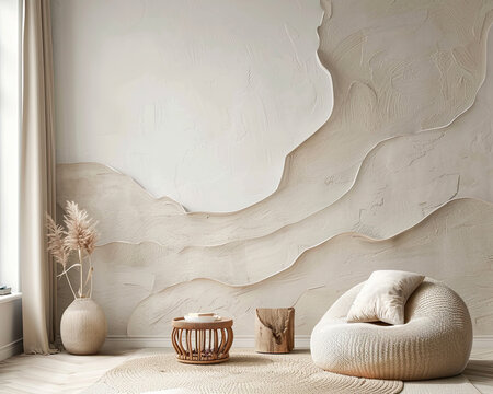 Copy space wall mockup in living room in neutral colors, cute interior.