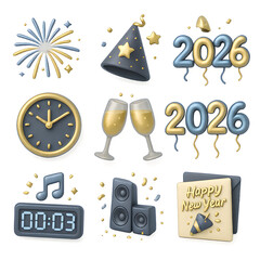 A festive collection of 3D icons set for the New Year 2026 celebration, featuring a countdown clock, champagne, and party elements for a joyful holiday.