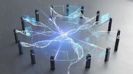 Abstract DNA strands with black posts, glowing blue lines, tech interfaces - Powered by Adobe
