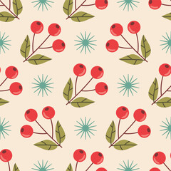 Red rowan branch with berries and stars in neat polka dot order seamless pattern.