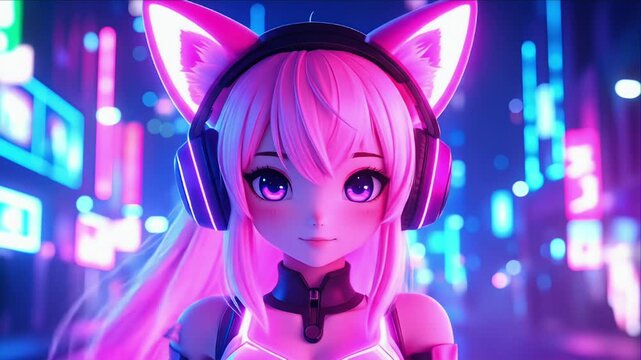 Anime character with pink hair and neon ears; cityscape background