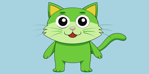 Cute green cat in blue background vector illustration.